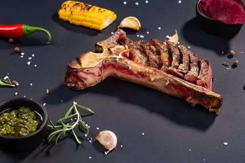 Set of grilled sliced T-bone steak with grilled corn, sauce, chilli, rosemary Stock Photos