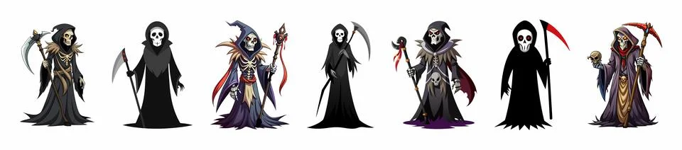 Set of Grim Reapers isolated on a white background. Concept of death, spooky Stock Illustration