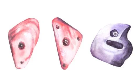 Set of grips different colors and shapes for climbing wall. Watercolor illu.. Stock Illustration