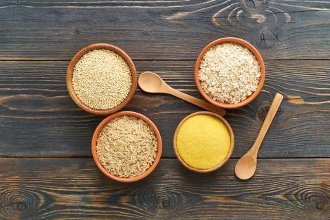 Set of groats for gluten-free fodmap diet, long carbohydrates, brown rice Stock Photos