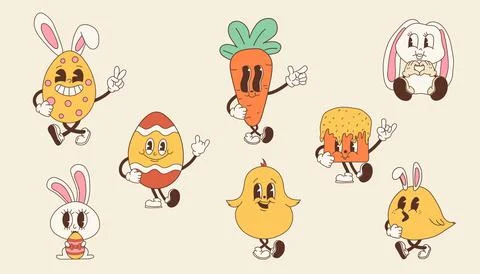Set of Groovy Cute Easter Characters Stock-Illustration