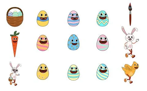 Set of groovy Easter egg bunny, basket cartoon vintage Stock Illustration