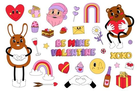 Set of groovy elements for Valentine's Day Stock Illustration