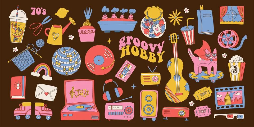 Set of groovy hobby objects. Hippie retro elements. Collection of cute 80s, 90s Stock Illustration