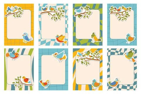 Set of groovy note frames decorated with colorful birds flying and sitting .. Stock Illustration