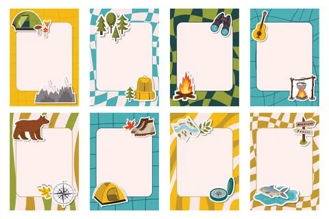 Set of groovy note frames decorated with fun camping-themed stickers. Inclu.. Stock Illustration