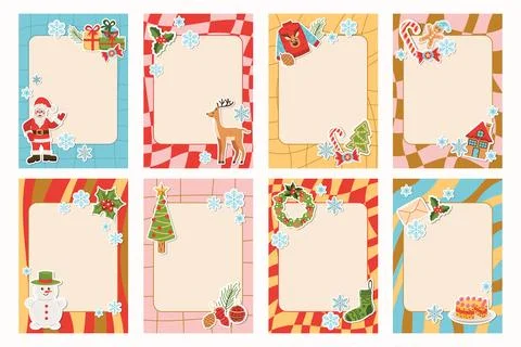 Set of groovy note frames decorated with Christmas stickers. Features playf.. Stock Illustration