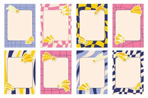 Set of groovy note frames decorated with falling star stickers in flat cart.. Stock Illustration