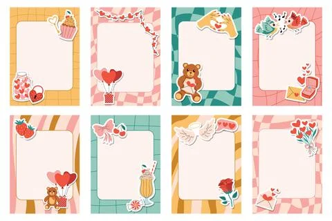 Set of groovy retro note sheets and cards with checkered and striped patterns Stock Illustration