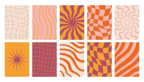 Set of groovy retro posters with checkered, striped and wavy textures in bo.. Stock Illustration