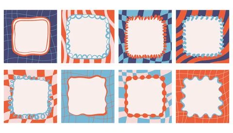Set of groovy retro posters with checkered, striped and wavy textures, deco.. イラスト素材