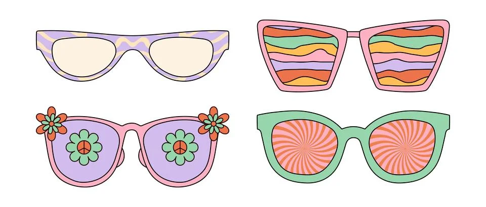 Set of groovy sunglasses with psychedelic patterns. Vector graphics isolate.. Illustrazione stock