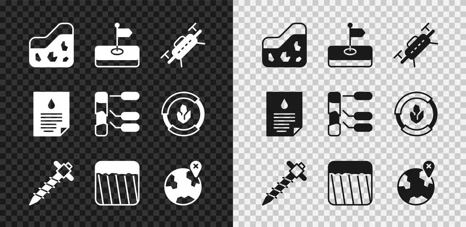 Set Ground, Flag, Drone, Construction jackhammer, Location the globe, Oil drop Stock Illustration