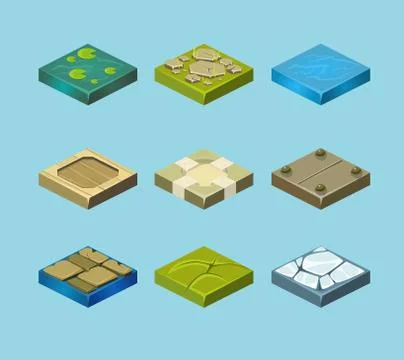 Set of ground surfaces. Grass, rocks and water. Landscape web design. Vector Illustrazione stock