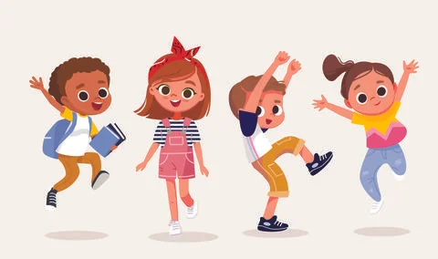 Set, group of 4 four happy children, kids in different poses Illustrazione stock