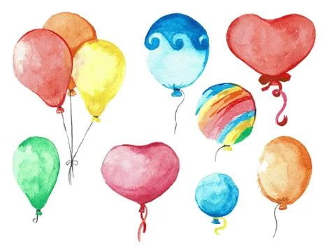 Set group of balloons on a string. Hand drawn, isolated on a white background Stock Illustration