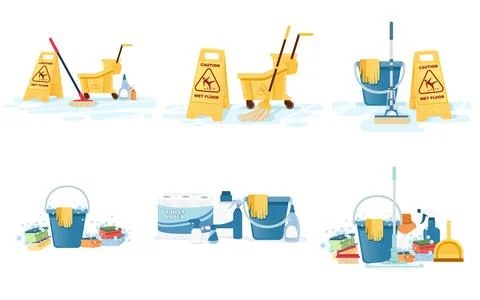 Set of group of cleaning tools wet floor sign mop bucket and chemical cleaning Stock Illustration