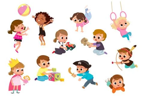 Set group collection of vector cute babies kids characters playing. Stock Illustration