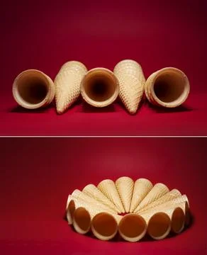 Set of a group of empty waffles cones on red background Stock Photos