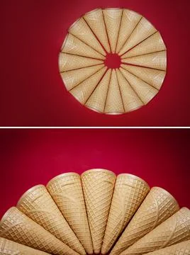 Set of a group of empty waffles cones on red background Stock Photos