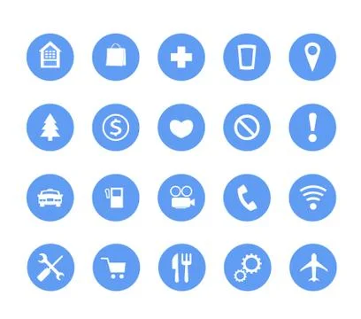 Set, a group of vector illustrations of round icons, buttons, and icons in blue Stock Illustration