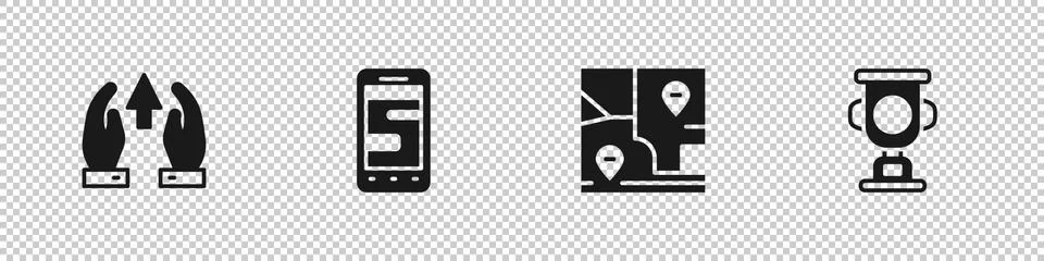 Set Growth chart and progress, Chat messages on phone, Folded map with location Stock Illustration