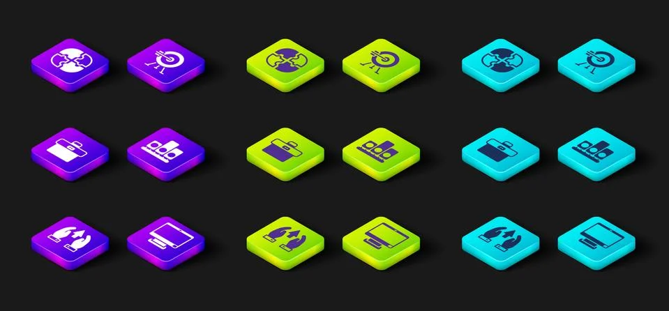 Set Growth chart and progress, Computer monitor, Briefcase, Ranking star, Target Illustrazione stock