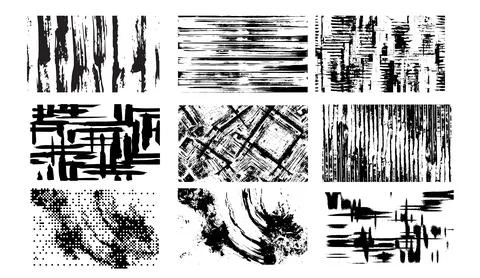 Set of grunge brush stroke textures in black and white featuring distressed Stock Illustration