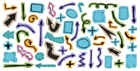 Set of grunge, doodle, graffiti, hand drawn paper cutted arrows, plus signs and Stock Illustration