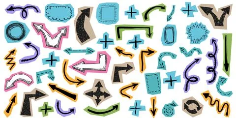 Set of grunge, doodle, graffiti, hand drawn paper cutted arrows, plus signs and Stock Illustration