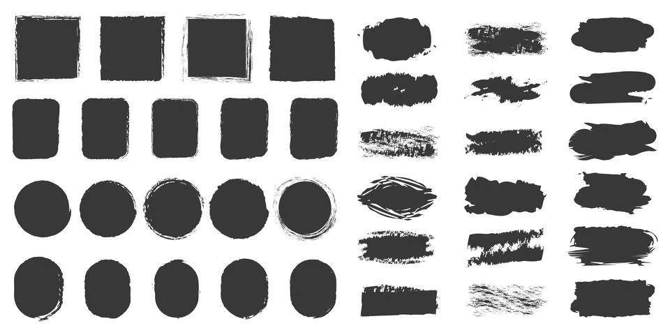 Set of grunge frames stamps squares, ovals, backgrounds brushstrokes, decorative Stock Illustration