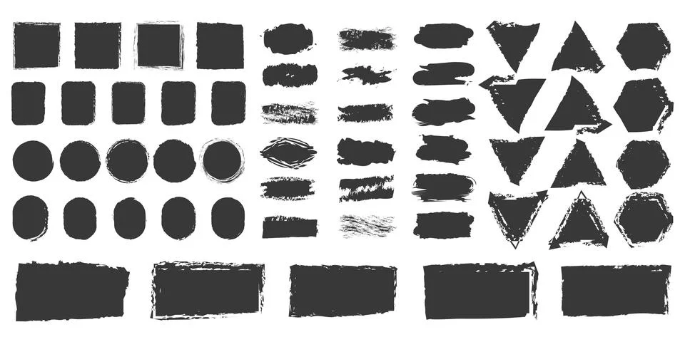 Set of grunge frames stamps, squares, ovals backgrounds brushstrokes, decorative Stock Illustration