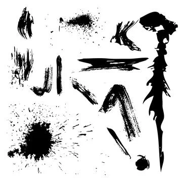 Set of grunge graphic elements in ink black color. Isolated Design Brush and Stock Illustration