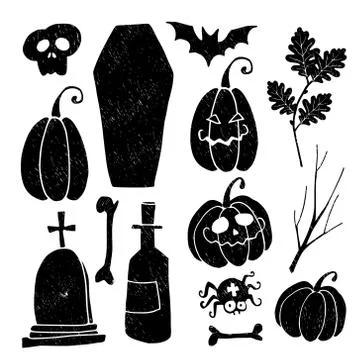 Set of grunge Halloween graphic elements. Black hand-drawn icons of pumpkins Stock Illustration
