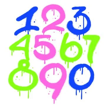 Set of grunge sprayed brush drawn numbers from 0 to 9. Dirty painted colorful Stock Illustration