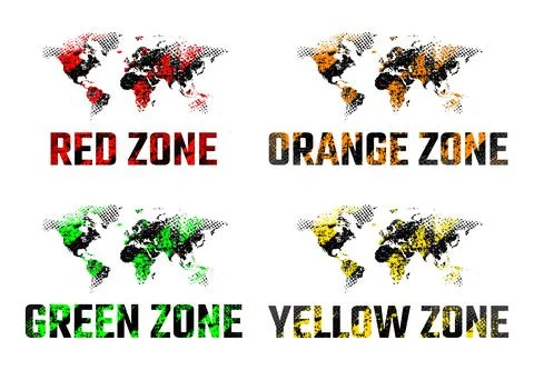 Set grunge texture maps world with inscriptions different zones, cracks and Stock Illustration