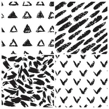 Set of grunge texture seamless pattern. Triangle shapes, check mark, Illustrazione stock