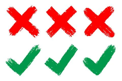 Set of a grunge vector illustration of check marks and cross signs in brush. Stock Illustration