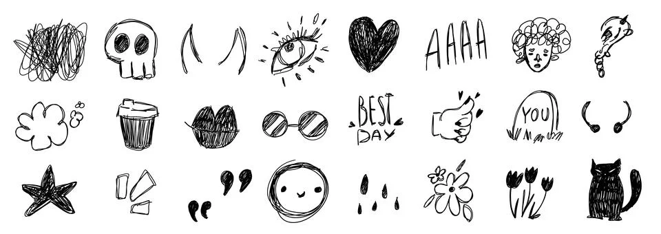 Set of grunge vector illustrations drawn with pencil. Punk doodle icons for Stock Illustration