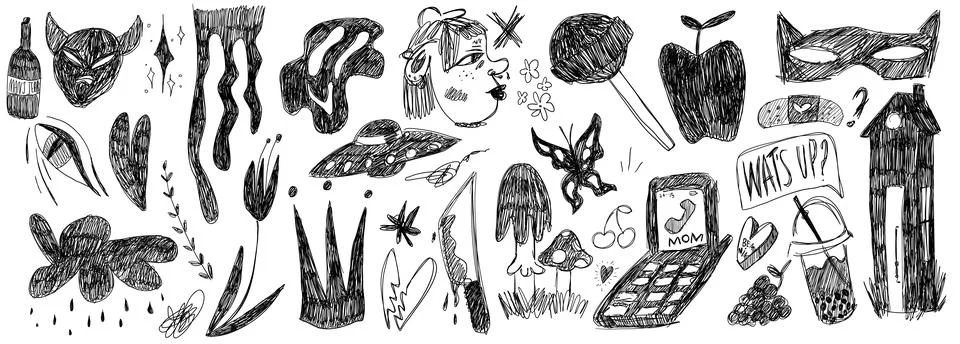 Set of grunge vector illustrations drawn with pencil. Punk doodle icons for Stock Illustration