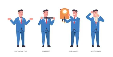 Set guidance from steward explaining instructions with life vest seat belt em 库存插图