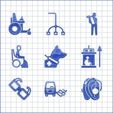 Set Guide dog, Disabled car, Hearing aid, Elevator for disabled, Eyeglasses.. 스톡 일러스트