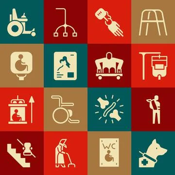 Set Guide dog, Human broken arm, IV bag, Prosthesis hand, X-ray shots, Disabled Illustrazione stock
