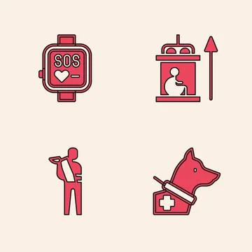 Set Guide dog, Smart watch, Elevator for disabled and Human broken arm icon Illustrazione stock