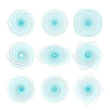 Set of Guilloche decorative rosette elements for watermarks. Vector editable Stock Illustration