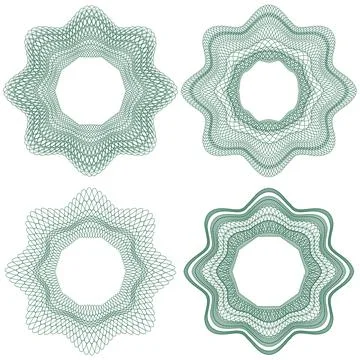 A set of guilloche elements. Watermark patterns. Illustrazione stock