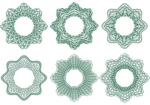 A set of guilloche elements. Watermark patterns. Иллюстрация