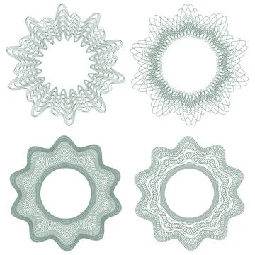 A set of guilloche elements. Watermark patterns. Illustrazione stock
