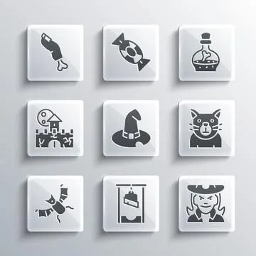 Set Guillotine, Witch, Cat, hat, Flying bat, Castle, fortress, Zombie finger and Stock-Illustration