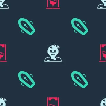 Set Guillotine, Zombie mask and Coffin with cross on seamless pattern. Vector Stock Illustration